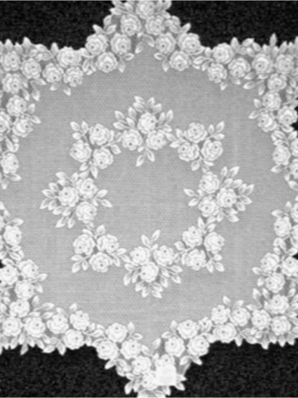 Heritage Lace - White Floral  Tablecloth Accent - Tea Rose 42” round pattern
